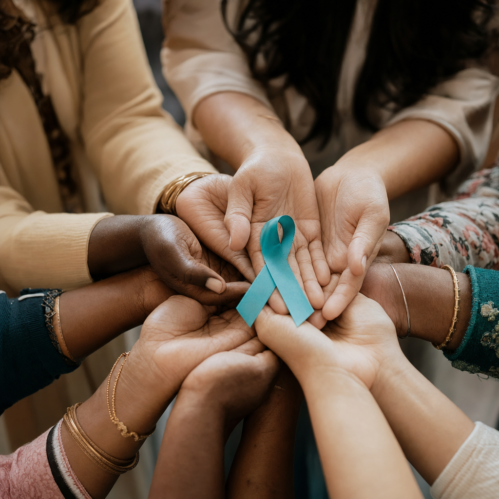 Multicultural hands joined together holding a teal ovarian cancer awareness ribbon