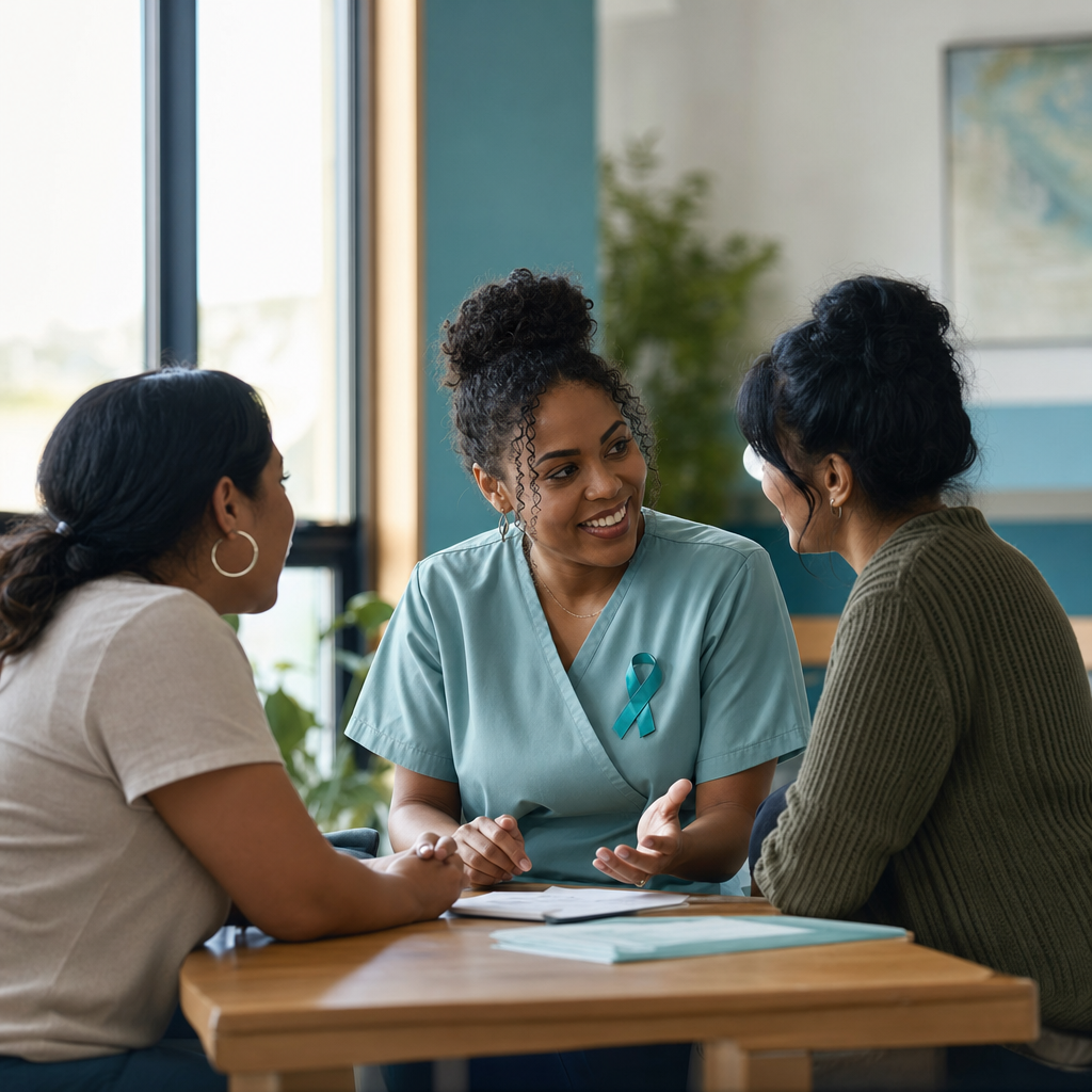 A clinical educator speaking with multicultural women in a community clinic setting